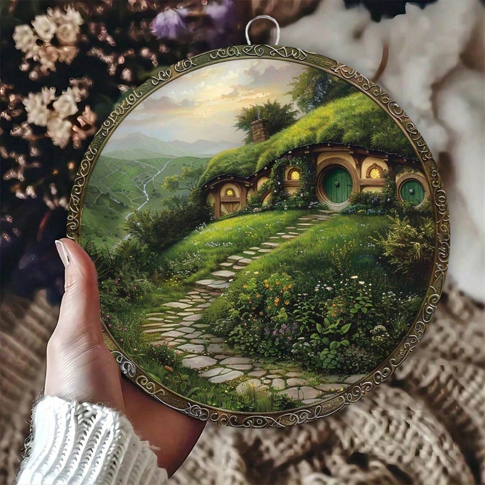 Home Decor Nearby - VintageLoom 素朴なホビットハウス メタルサイン、夕暮れデザイン ウォールアート 屋内 屋外