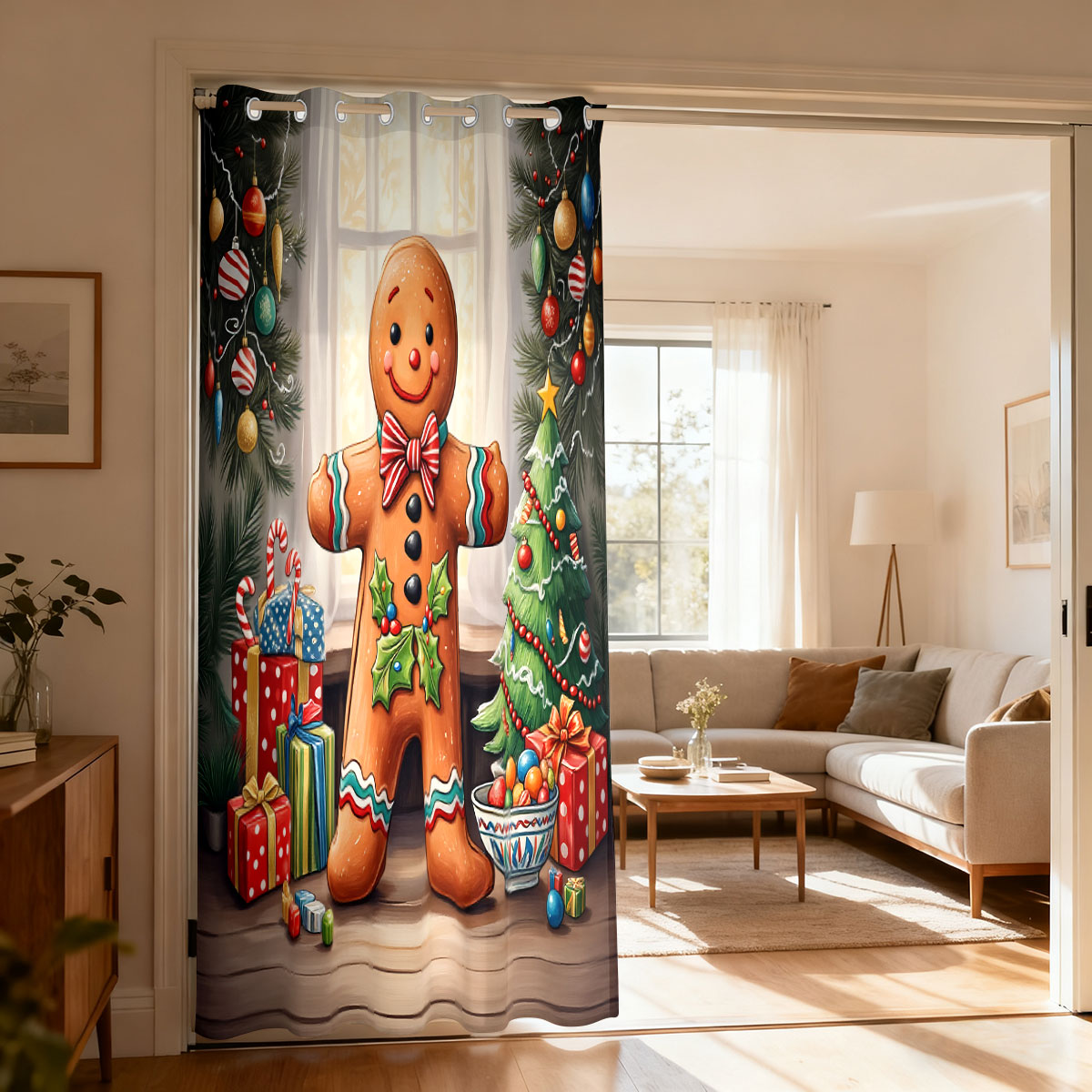 Home Decor Curtain - クリスマスジンジャーブレッドマンクリスマス装飾シングルパネルループカーテン、ドア吊り下げカーテンリビングルーム寝室ファッションホームオーナメント