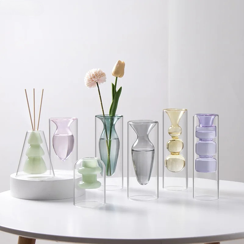 Terrarium Glass Bottle - カラフルな二重層ガラス花瓶芸術的なアロマセラピーボトル透明水耕栽培ドライフラワー花瓶レストランデスクトップ装飾
