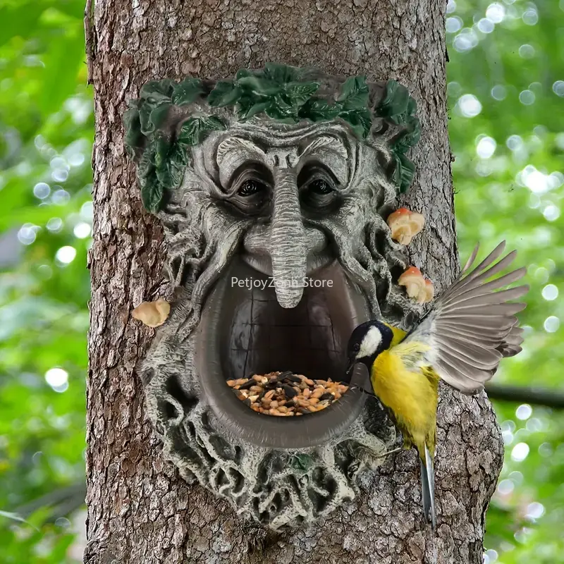 Home Decor Tree - 屋外庭園用ツリーフェイス型野鳥用餌入れ、大きな口のキノコ型ツリーフェイス鳥用餌入れ、家の装飾用置物