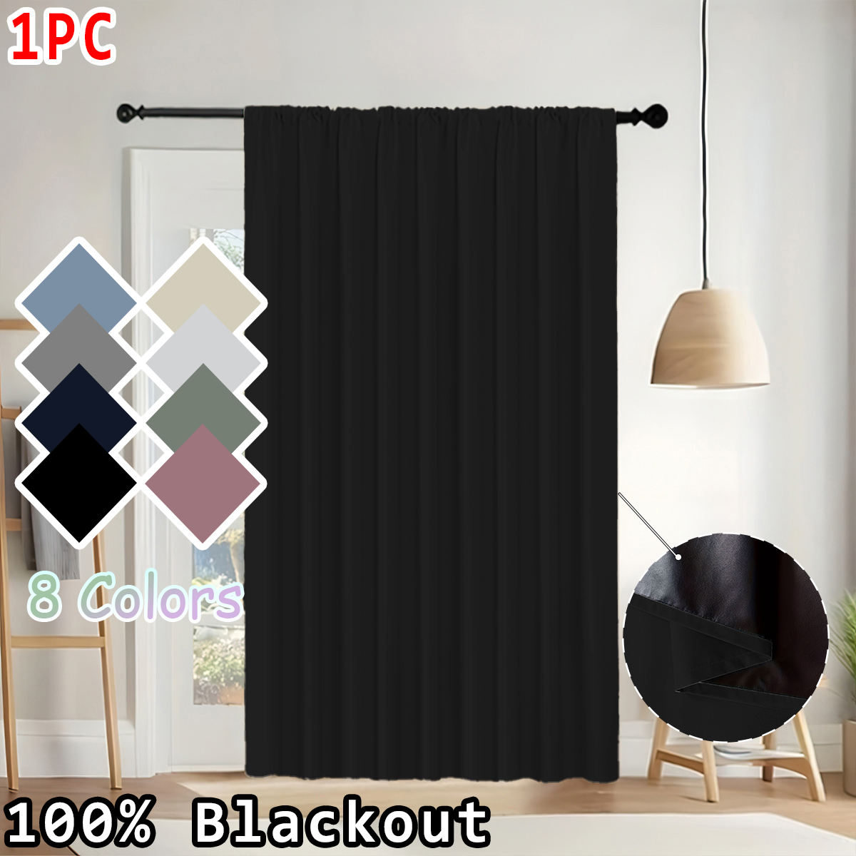 Home Decor Curtain - シンプルな無地の100％遮光カーテン1枚、ロッドポケットカーテン、軽量、洗濯可能、オールシーズン対応、リビングルーム、寝室、オフィス、遮光装飾に最適。
