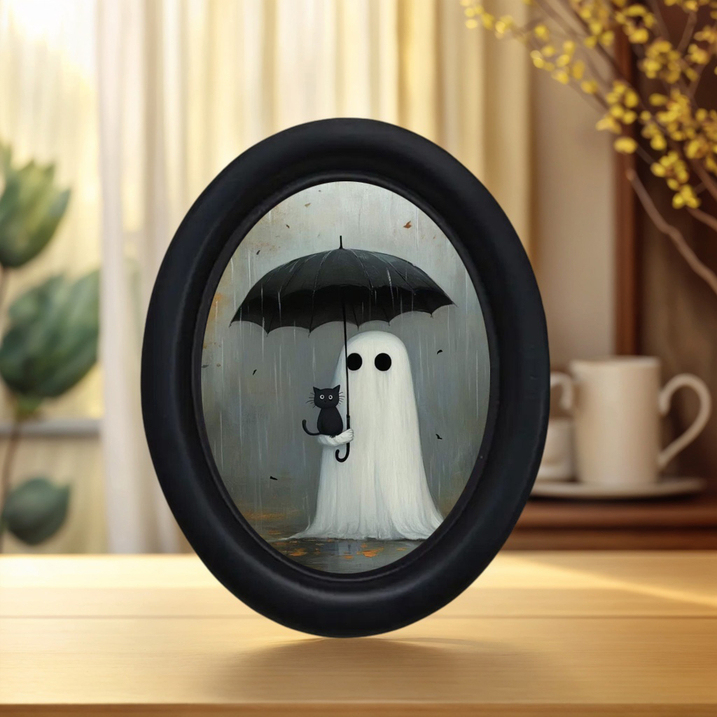 Victory Home Decor - 小さな幽霊が黒猫と傘を持った姿が描かれたヴィンテージハロウィーン装飾品1個 - 手作りの楕円形木製ウォールアート（5.25×4.16インチ）、楕円形の装飾、ハロウィーン、クリスマス、感謝祭、ビクトリア朝時代の部屋の暗い部屋の装飾に。