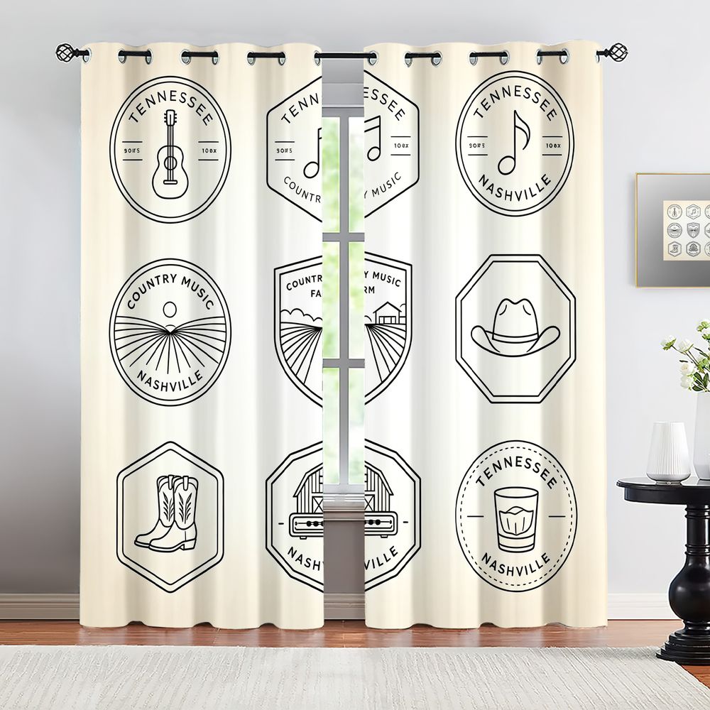 Home Decor Curtain - テネシーカントリーミュージックテーマカーテン、ナッシュビルの美的黒白ラインアートプリントドレープ、モダンな装飾カーテン