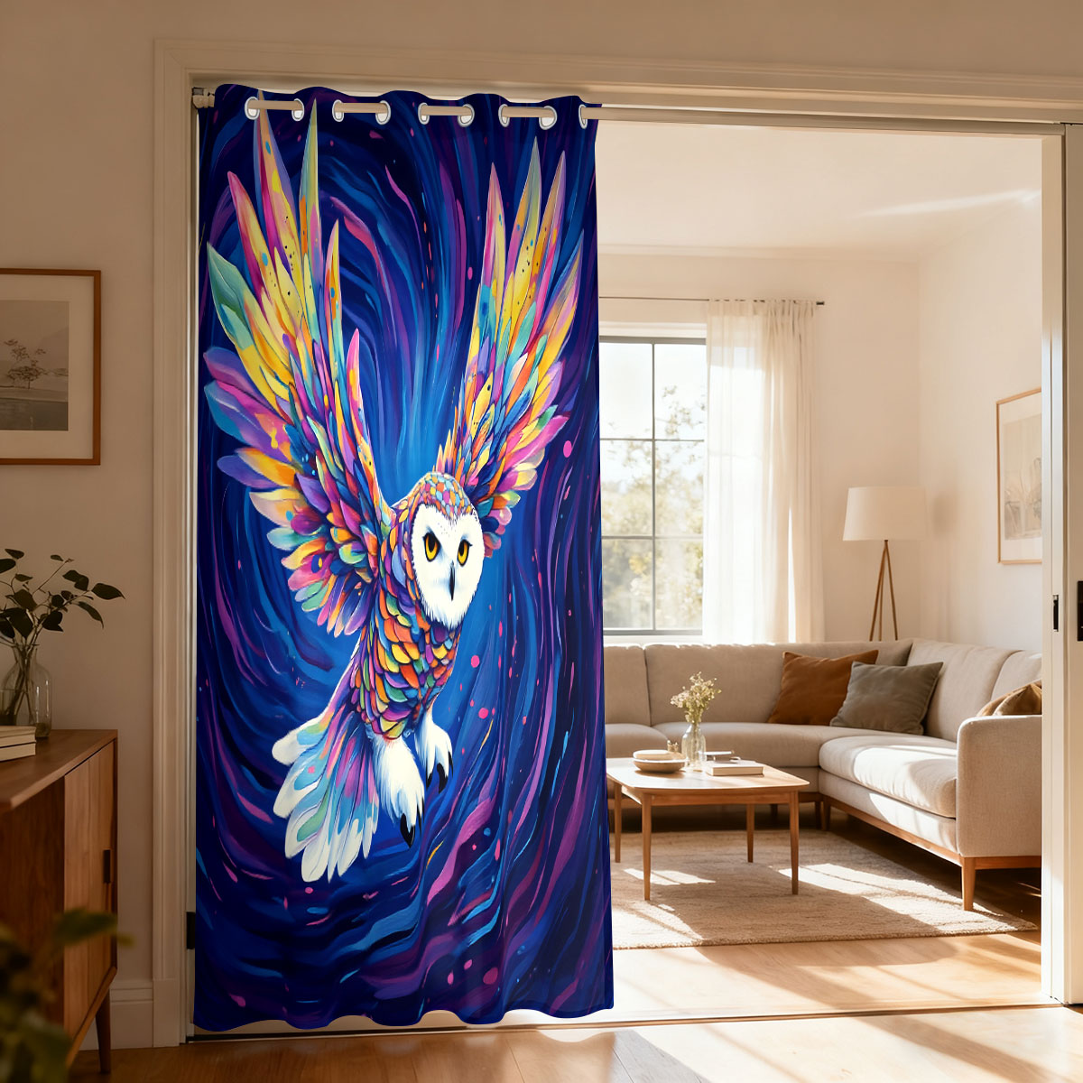 Home Decor Curtain - 1PC カラフルな星空フライングフクロウプリントシングルループカーテンリビングルーム寝室ドア窓スタイリッシュな家の装飾
