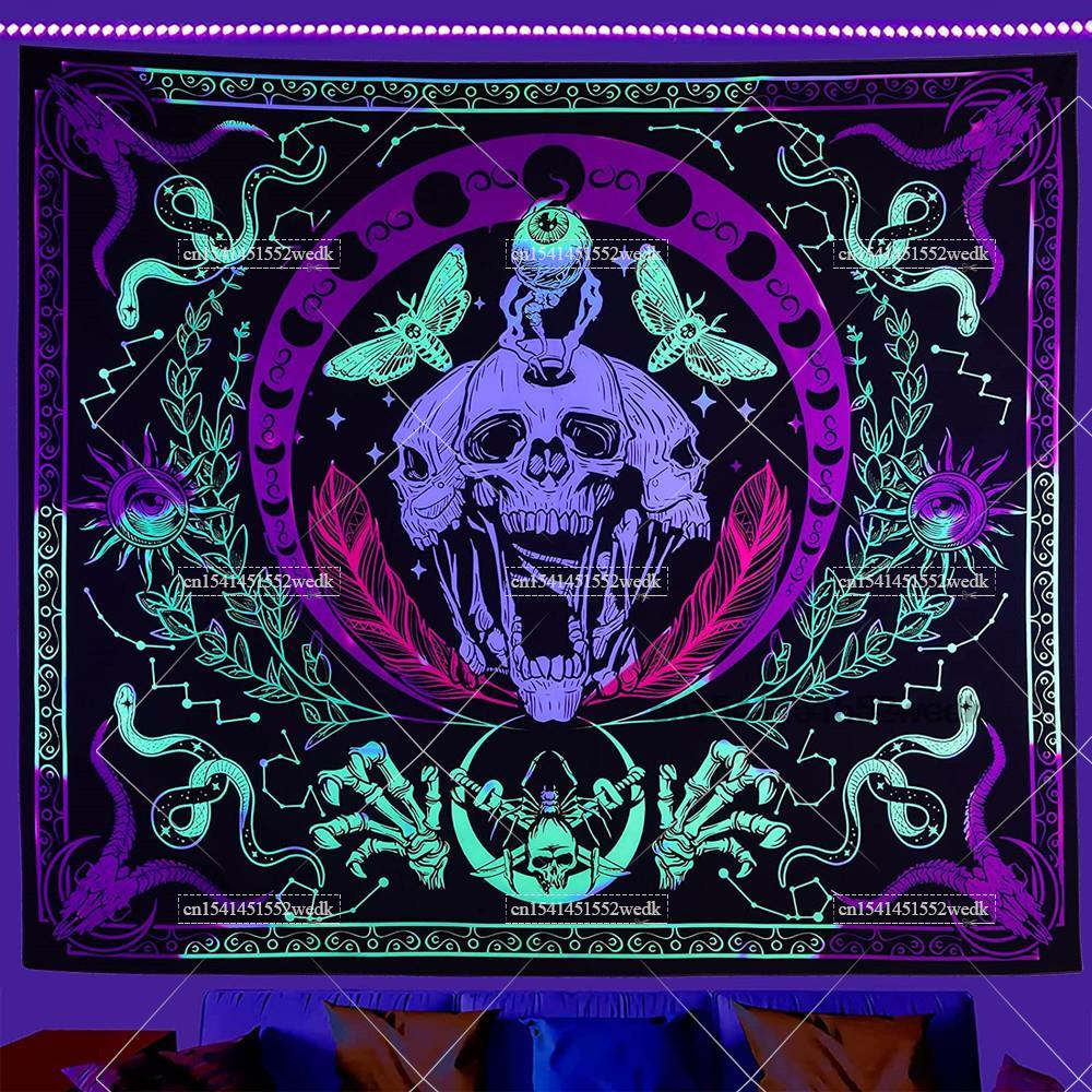 Home Decor Hippie - ヒッピーの頭蓋骨と黒のタペストリー,UV無効なハロウィーンのスケルトン,タペストリー,暗い壁に掛ける,美的ルームの装飾