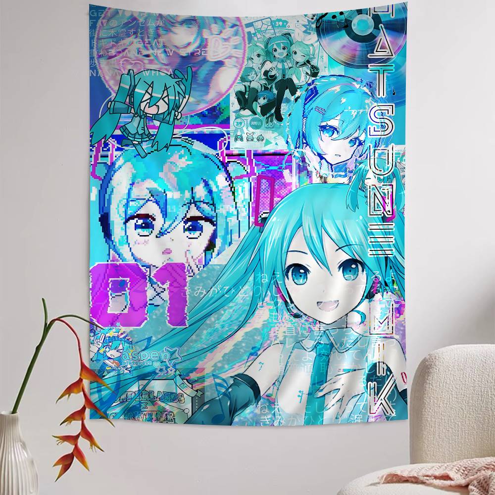 Home Decor Hippie - アニメ H-hatsunes クール M-miku 漫画タペストリーヒッピーフラワーウォールカーペット寮の装飾アート家の装飾