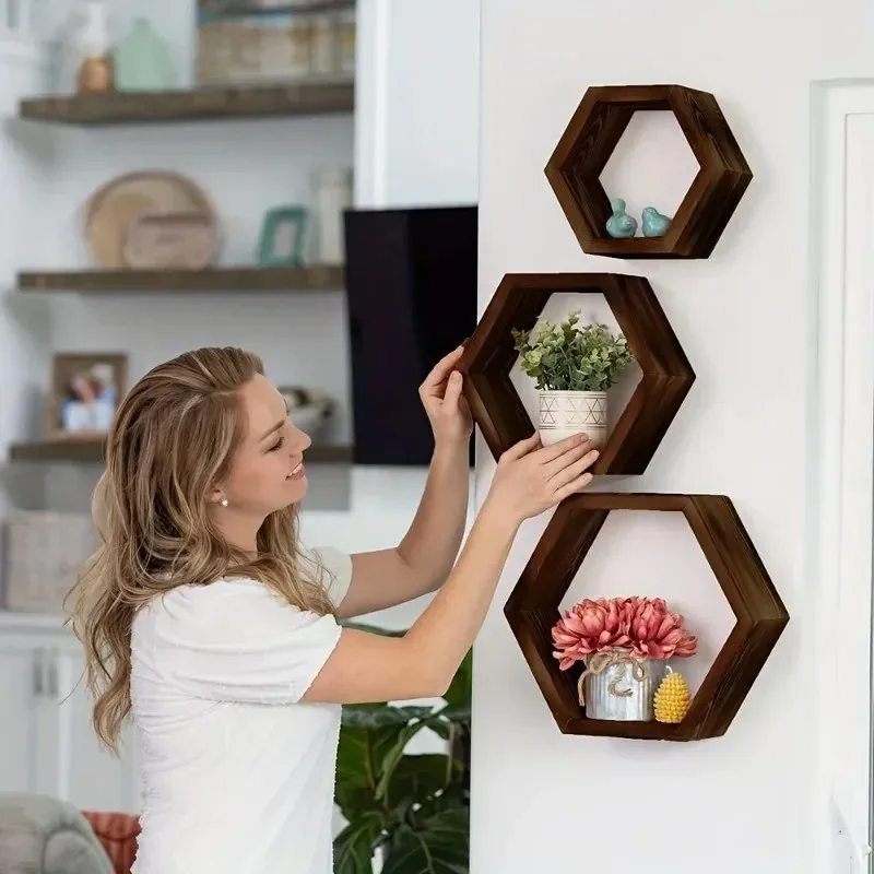 Floating Shelves - 最新モデルの六角形フローティングウォールシェルフ、六角形収納ラック、家の装飾愛好家に最適、バスルームに最適