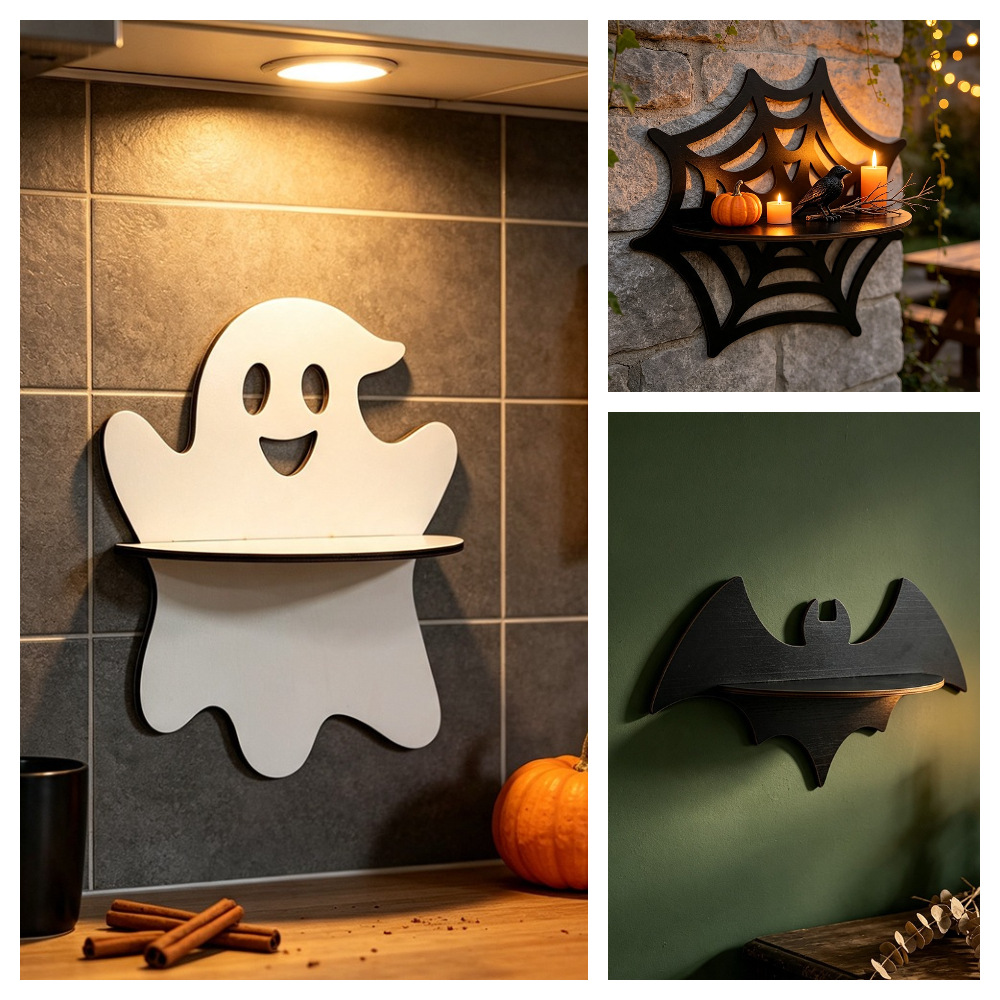 Floating Shelves - ハロウィンウォールシェルフ木製ゴーストバットスパイダーウェブフローティングディスプレイラックゴシックホームパーティーデコレーション収納ホルダー