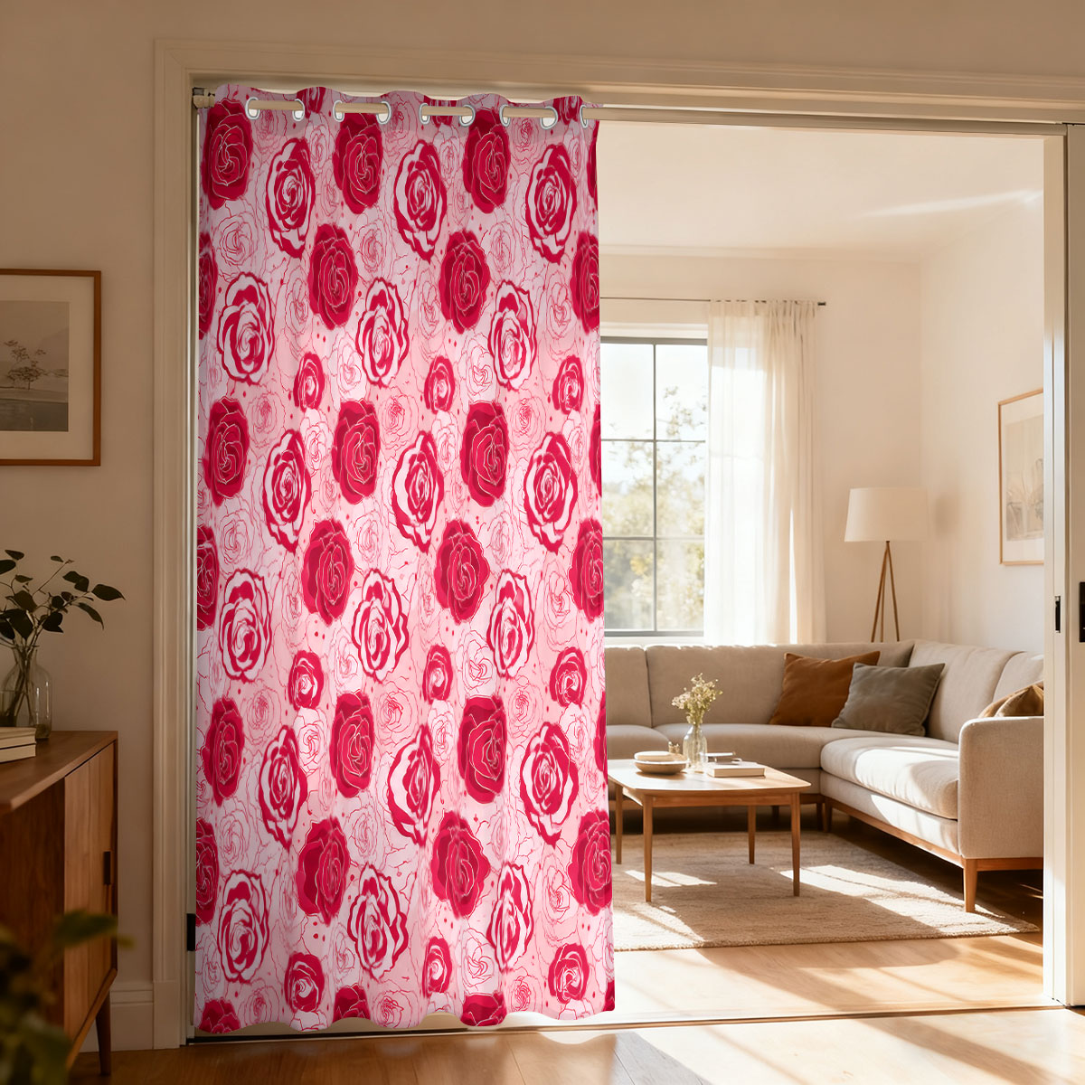 Home Decor Curtain - 1pc ライトグリーンベースピンクローズフローラルシングルループカーテン、リビングルーム寝室用装飾ドアカーテン、ファッションホームハング