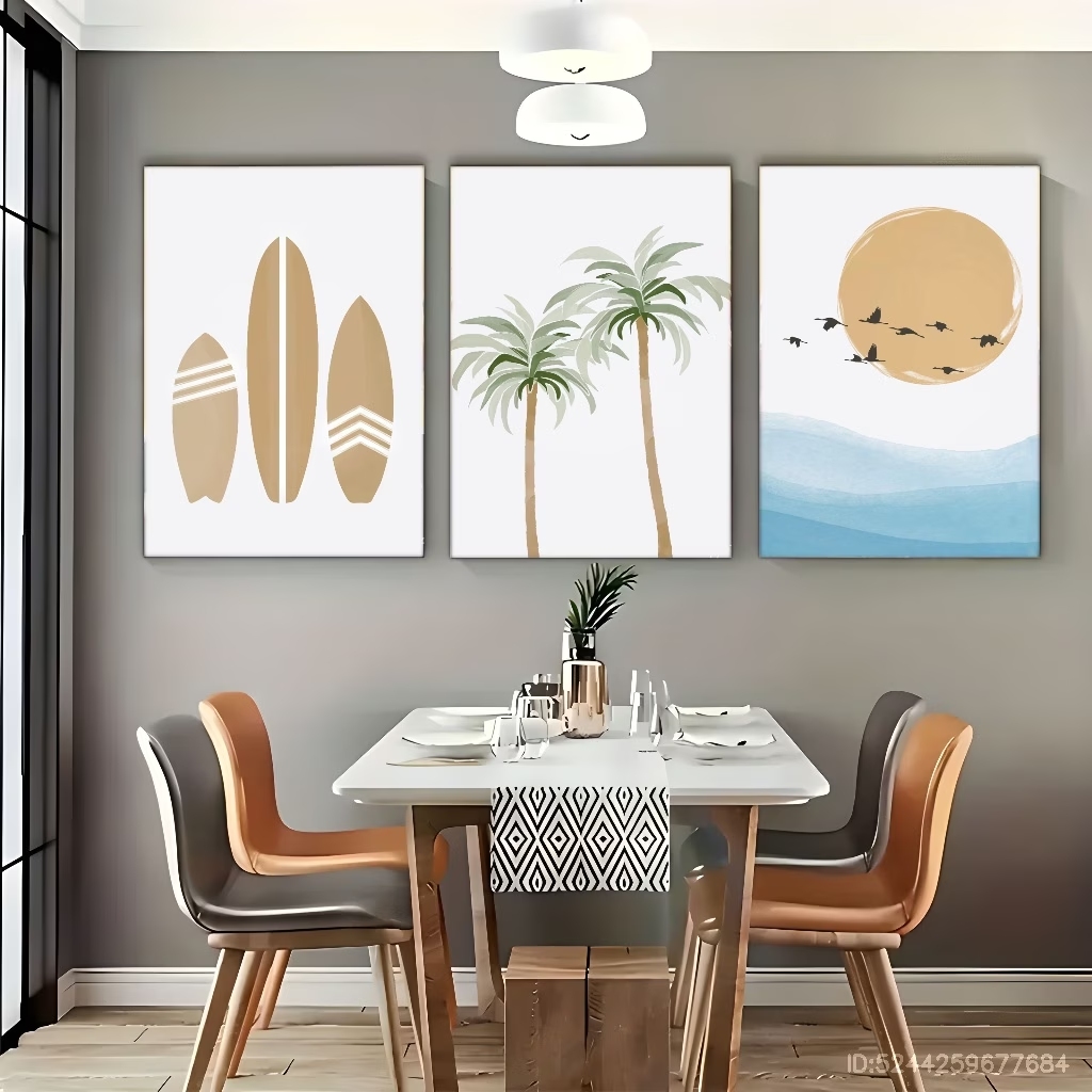 Home Decor Tree - 3ピースモダンボヘミアンスタイルの鳥、太陽、ヤシの木、サーフボードのウォールアートプリントキャンバス絵画ポスター、リビングルーム、寝室の家の装飾に。