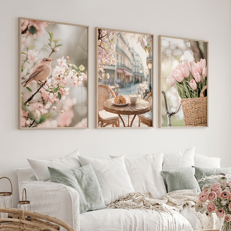 Home Decor Tulip - 3 ピース/セットロマンチックなパリの街のキャンバスプリント花鳥チューリップ屋外カフェ壁アートポスター春の農家家の装飾用