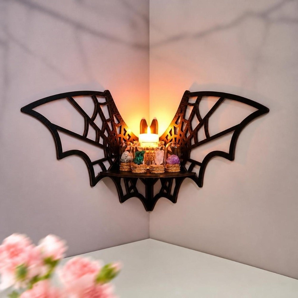 Floating Shelves - 木製バット型コーナーシェルフ、中空模様、壁掛け式フローティング収納棚、黒色、クリエイティブな形状、壁面ディスプレイシェルフ、屋内用