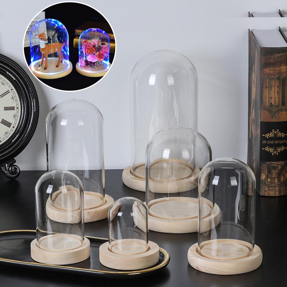 Terrarium Glass Bottle - テラリウム卓上フェアリーライトジャー透明ボトルガラス花瓶ガラスカバー木製ベースフラワーストレージボックス
