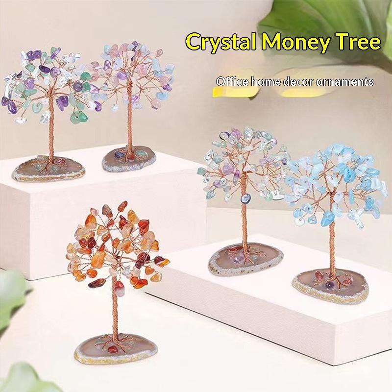 Home Decor Tree - 超小型クリスタルマネーツリー 銅線巻き瑪瑙スライスベース付き ヒーリングジェムストーン ヨガ風水ツリー ホームクリスタルデコレーション