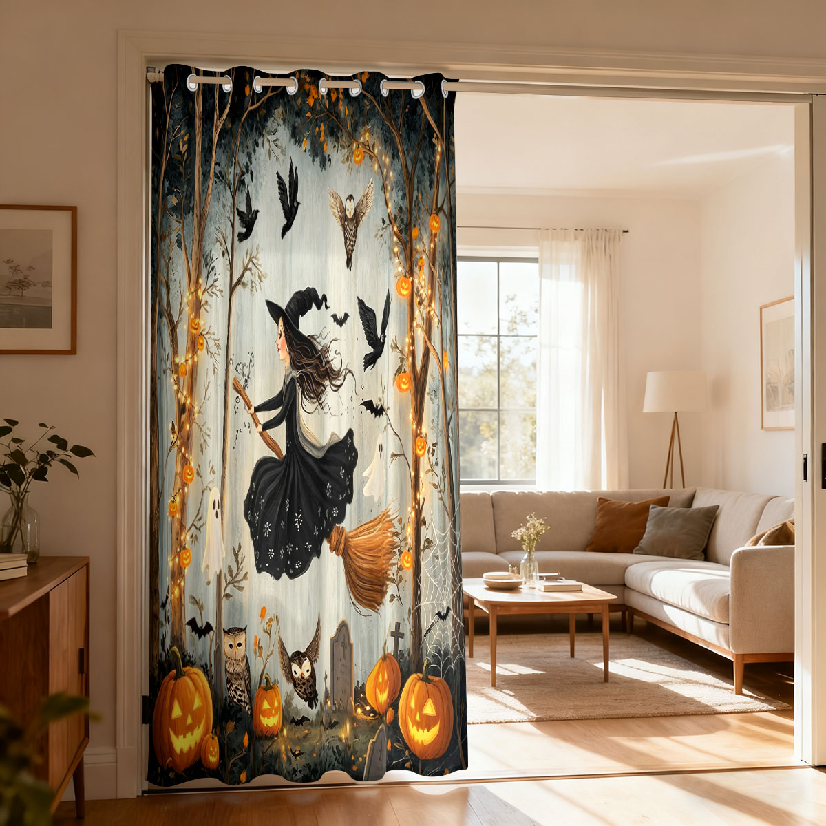 Home Decor Curtain - 1PC ハロウィン魔女カボチャゴーストフォレストプリントシングルループカーテンリビングルーム寝室ドア窓家の装飾用