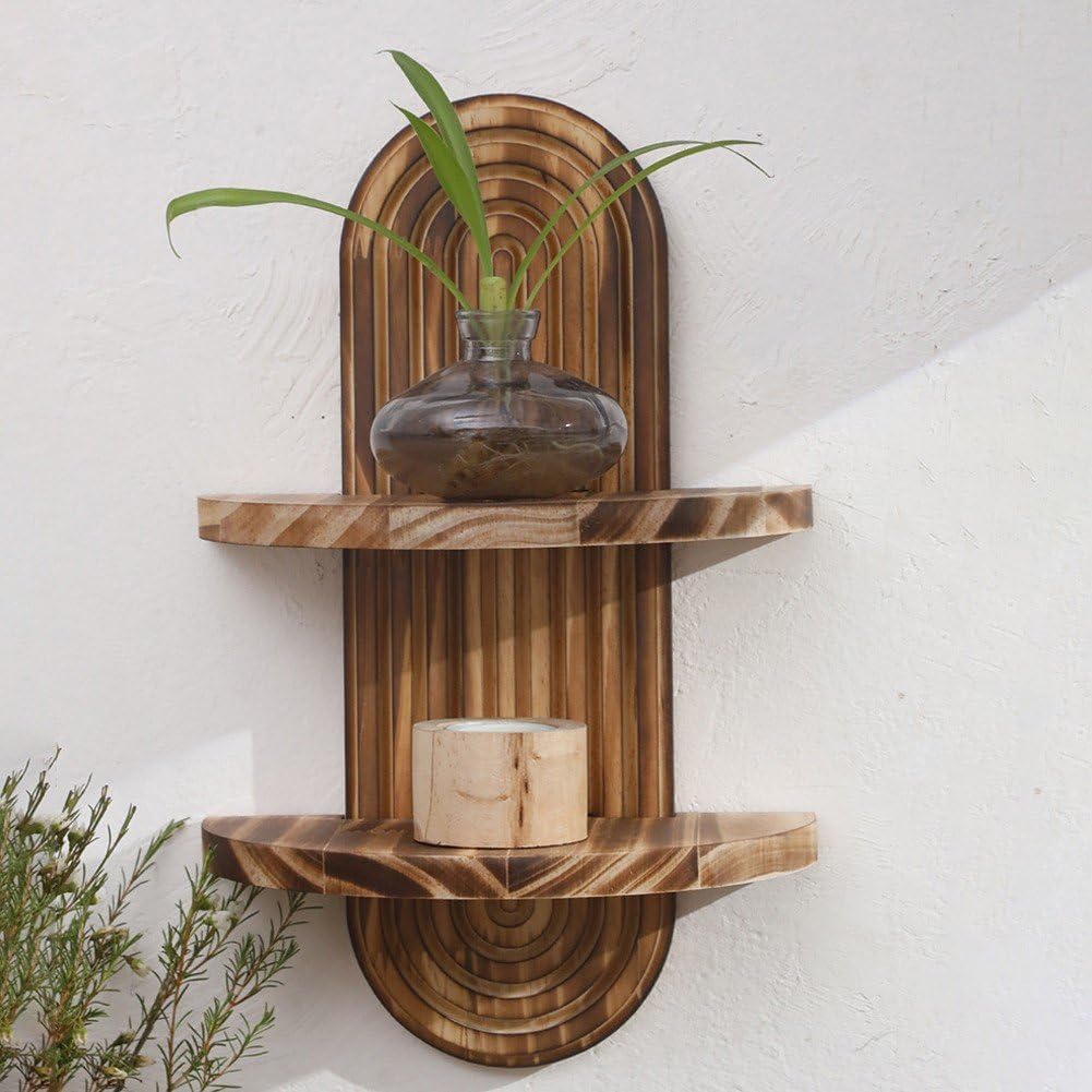 Floating Shelves - ボヘミアンレインボー吊り下げ式ウォールシェルフ 2段木製ディスプレイフローティングシェルフ ミッドセンチュリーデコレーションオーガナイザー ブラウン 多用途ホーム収納 寝室、バスルーム、キッチン、リビングルーム用