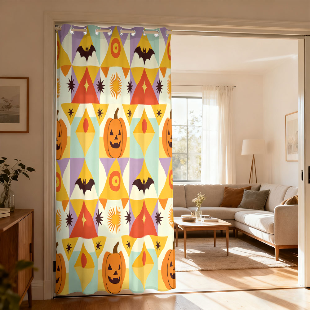 Home Decor Curtain - 1pc ハロウィンカボチャコウモリ幾何学模様プリントシングルピースループカーテンシングルピースループカーテンリビングルーム家の装飾