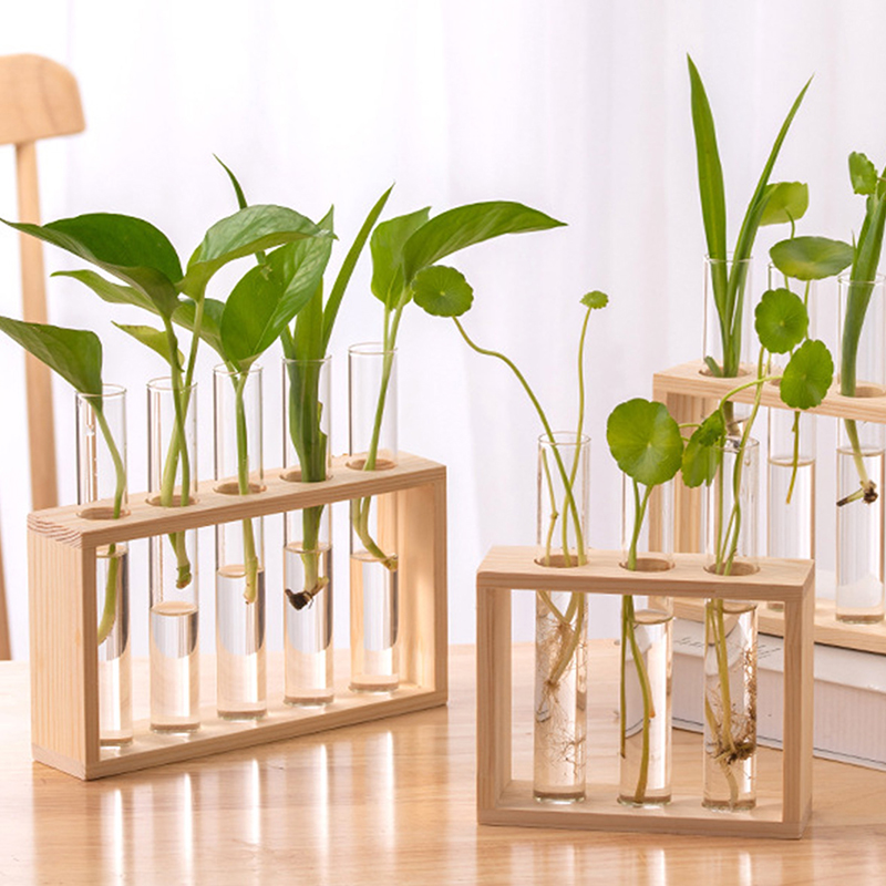 Terrarium Glass Bottle - 水耕植物コンテナ木製フレーム透明ガラス試験管花瓶植木鉢ホーム卓上盆栽装飾工芸品