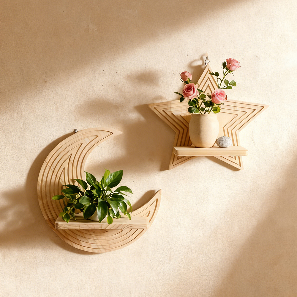 Floating Shelves - 月と星の形をした木製フローティングウォールシェルフ、植物や装飾品用のクリエイティブな壁掛けラック、寝室や子供部屋、家の壁の装飾に
