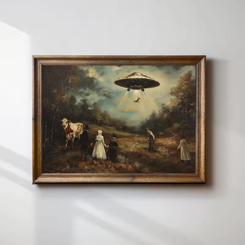 Victory Home Decor - ヴィンテージシュールな面白いビクトリア朝のUFO風景牛エイリアンウォールアートポスタープリント面白い猫キャンバス絵画農家家の装飾用