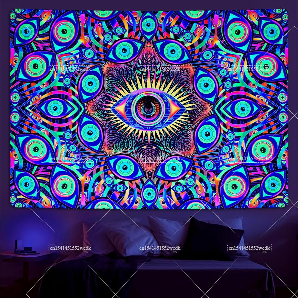 Home Decor Hippie - 黒の光の目、ヒッピー、uvの無効性、部屋の抽象的な壁のタペストリーを備えた自由奔放に生きるマデラータペストリー
