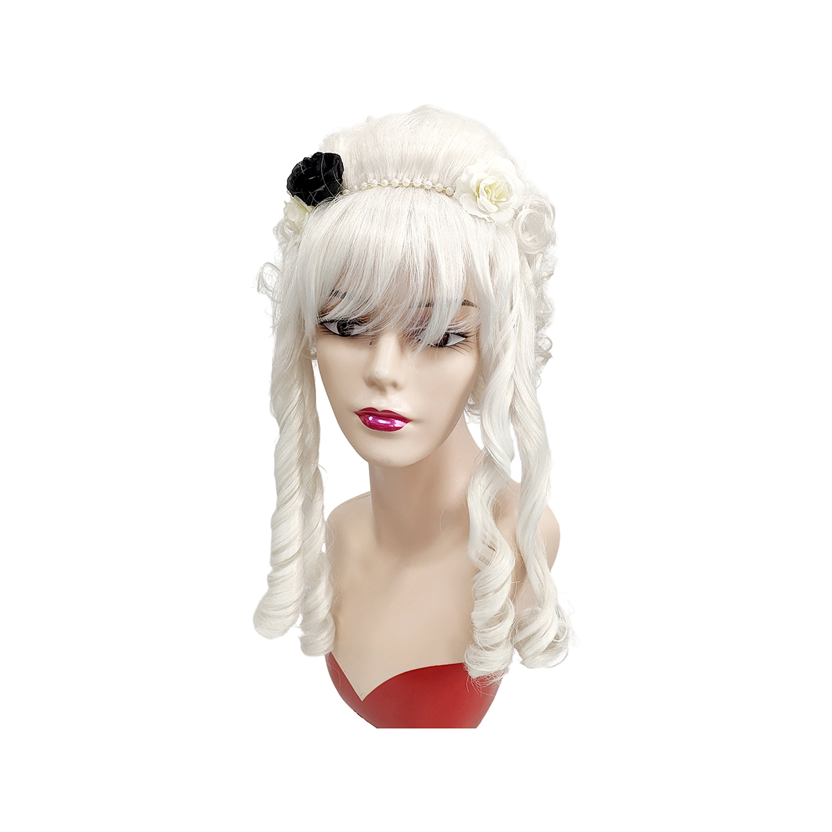 ホワイトビクトリア朝蜂の巣カーリー合成ウィッグ前髪花飾り女性 - Victory Home Decor のレビューと価格