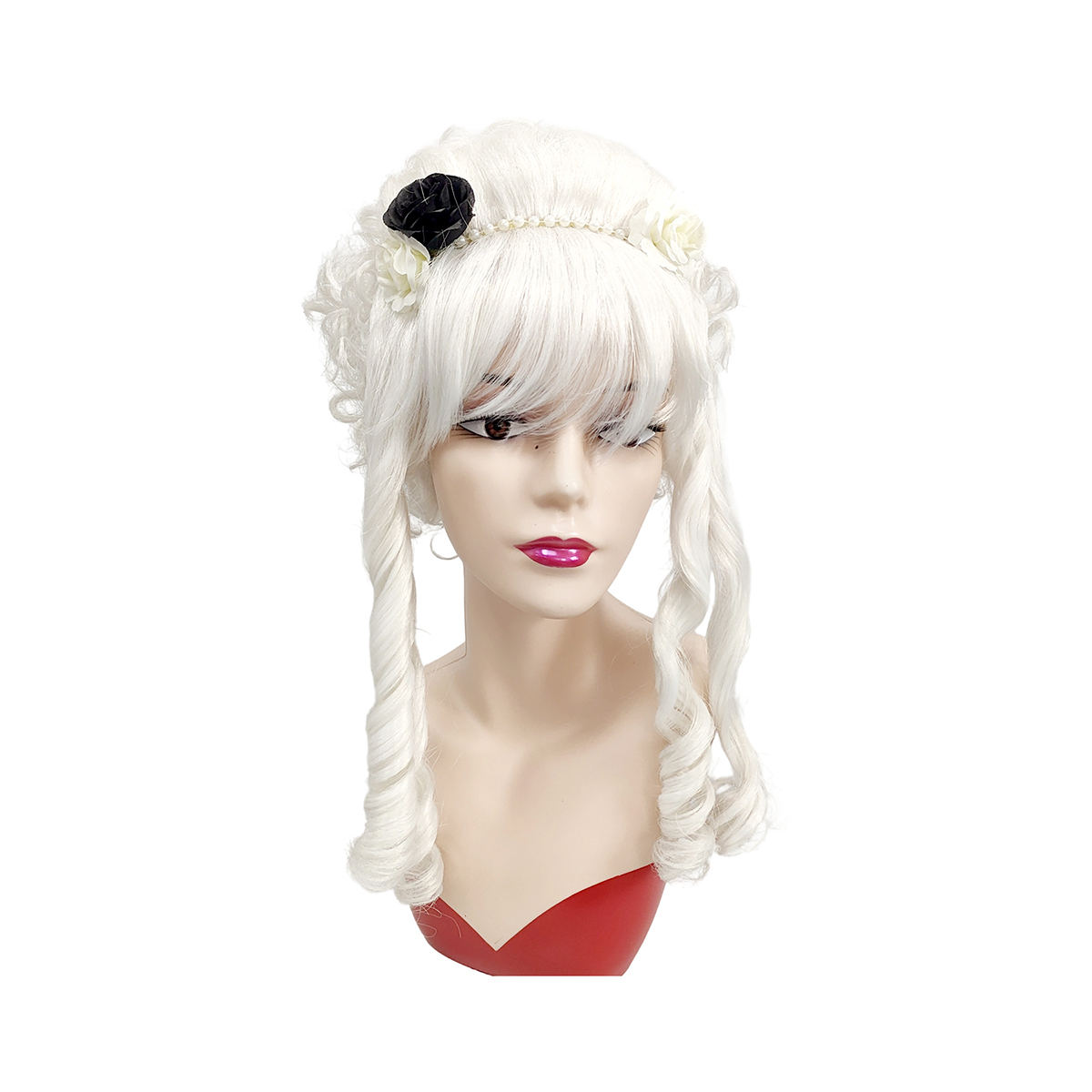ホワイトビクトリア朝蜂の巣カーリー合成ウィッグ前髪花飾り女性 - Victory Home Decor のレビューと価格