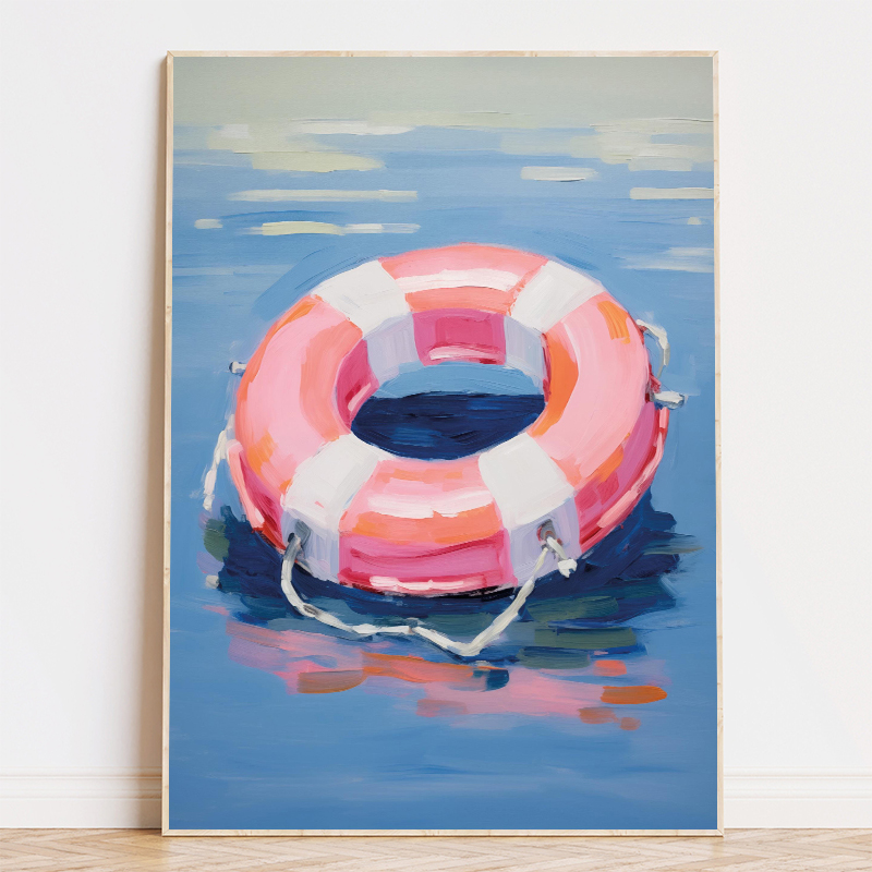 カラフルなプールフロート救命浮輪ヤシの木の絵ポスターキャンバ - Floating Shelves のレビューと価格