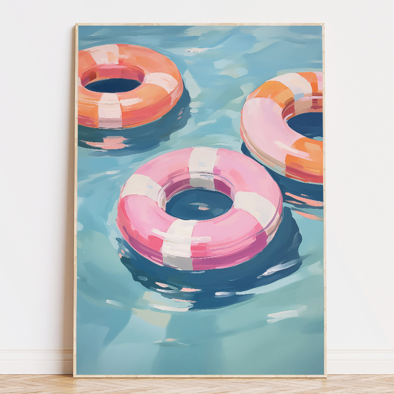 カラフルなプールフロート救命浮輪ヤシの木の絵ポスターキャンバ - Floating Shelves のレビューと価格