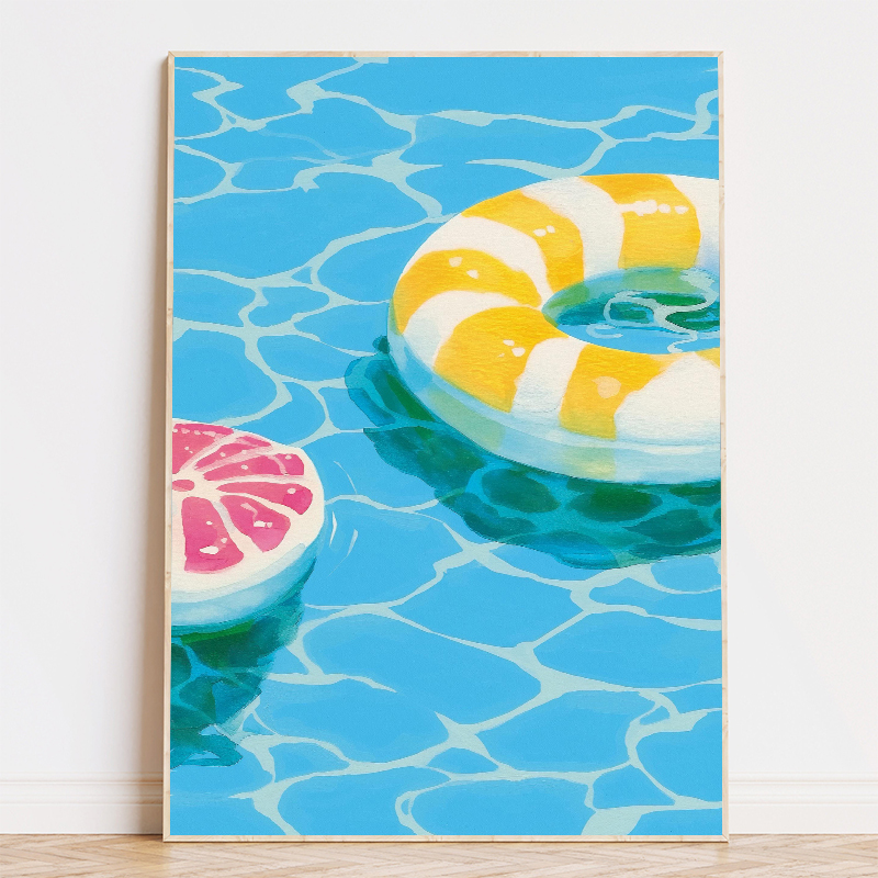 カラフルなプールフロート救命浮輪ヤシの木の絵ポスターキャンバ - Floating Shelves のレビューと価格