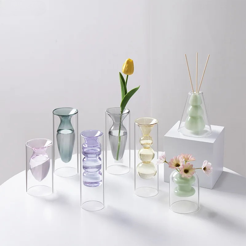 カラフルな二重層ガラス花瓶芸術的なアロマセラピーボトル透明水 - Terrarium Glass Bottle のレビューと価格