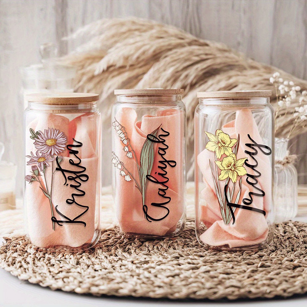 カスタム誕生花名入りグラスカップ、竹製蓋とストロー付き、パー - Terrarium Glass Bottle のレビューと価格