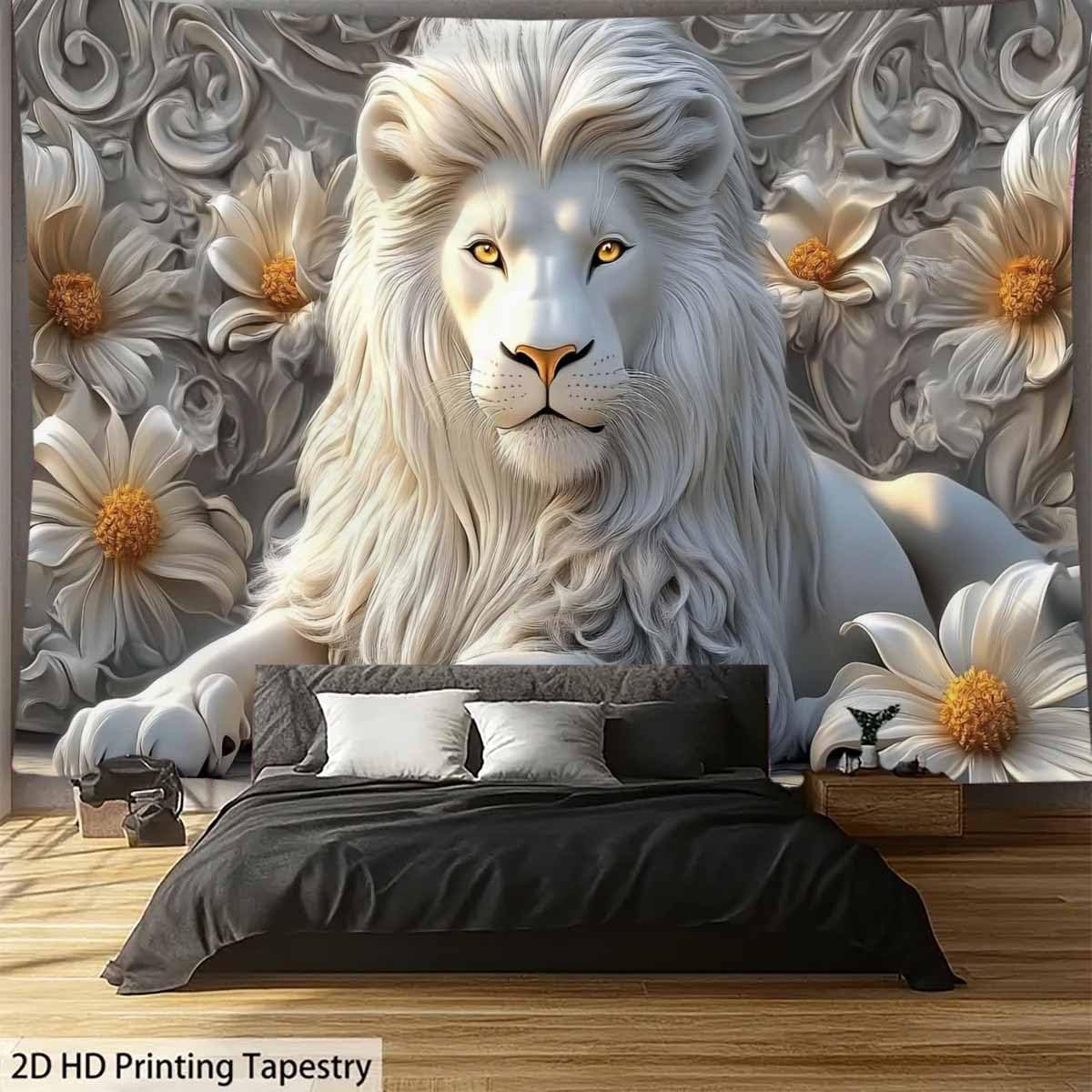 クールな白いライオンのタペストリー、美しい動物のライオンキン - Home Decor Hippie のレビューと価格