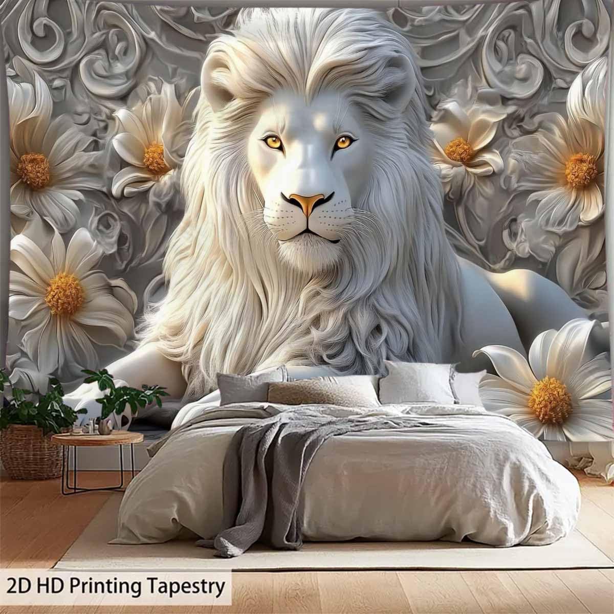 クールな白いライオンのタペストリー、美しい動物のライオンキン - Home Decor Hippie のレビューと価格
