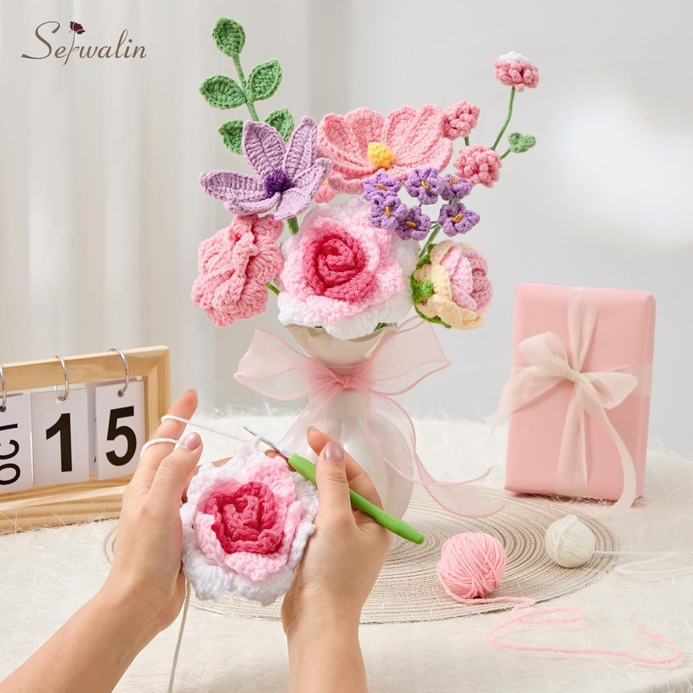 かぎ針編みの花束、母の日用の手作りニットフラワー |   特 - Home Decor Tulip のレビューと価格