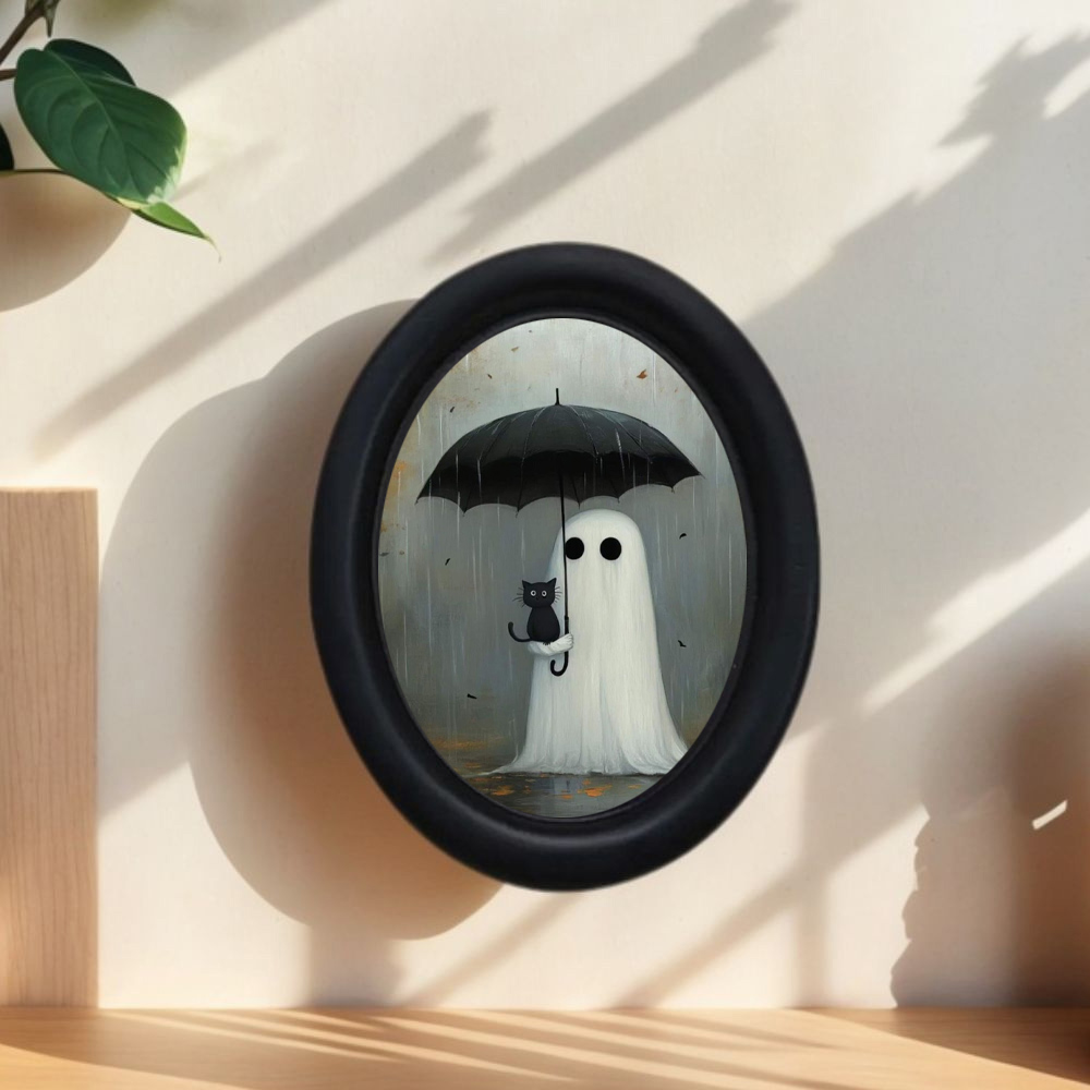 小さな幽霊が黒猫と傘を持った姿が描かれたヴィンテージハロウィ - Victory Home Decor のレビューと価格