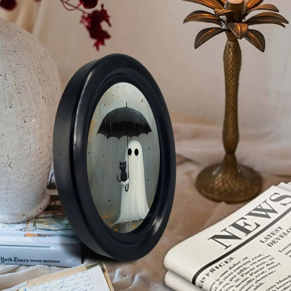 小さな幽霊が黒猫と傘を持った姿が描かれたヴィンテージハロウィ - Victory Home Decor のレビューと価格