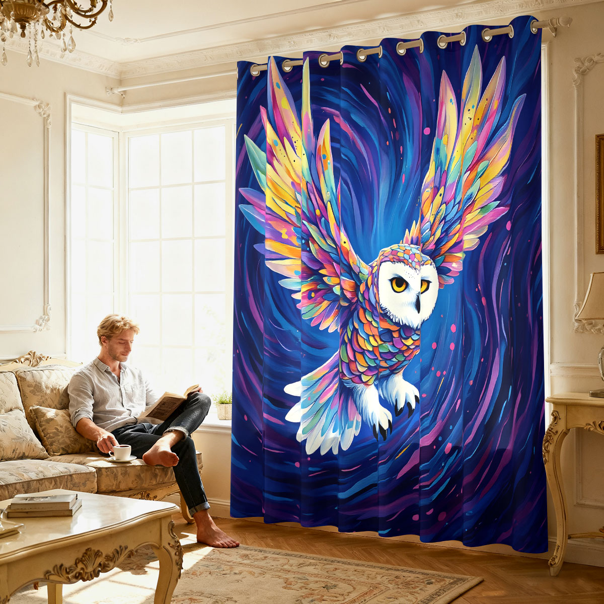 1PC カラフルな星空フライングフクロウプリントシングルルー - Home Decor Curtain のレビューと価格