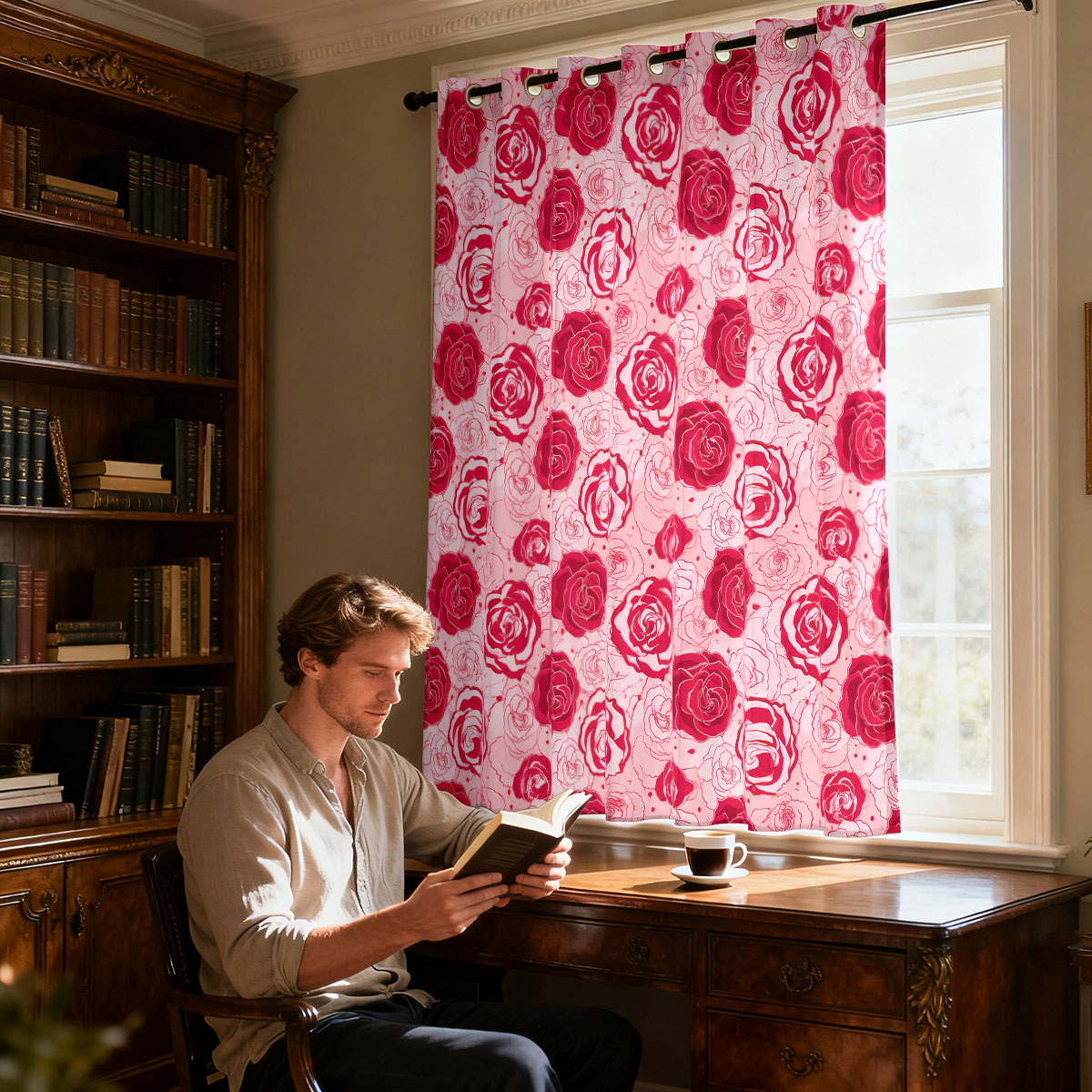 1pc ライトグリーンベースピンクローズフローラルシングルル - Home Decor Curtain のレビューと価格
