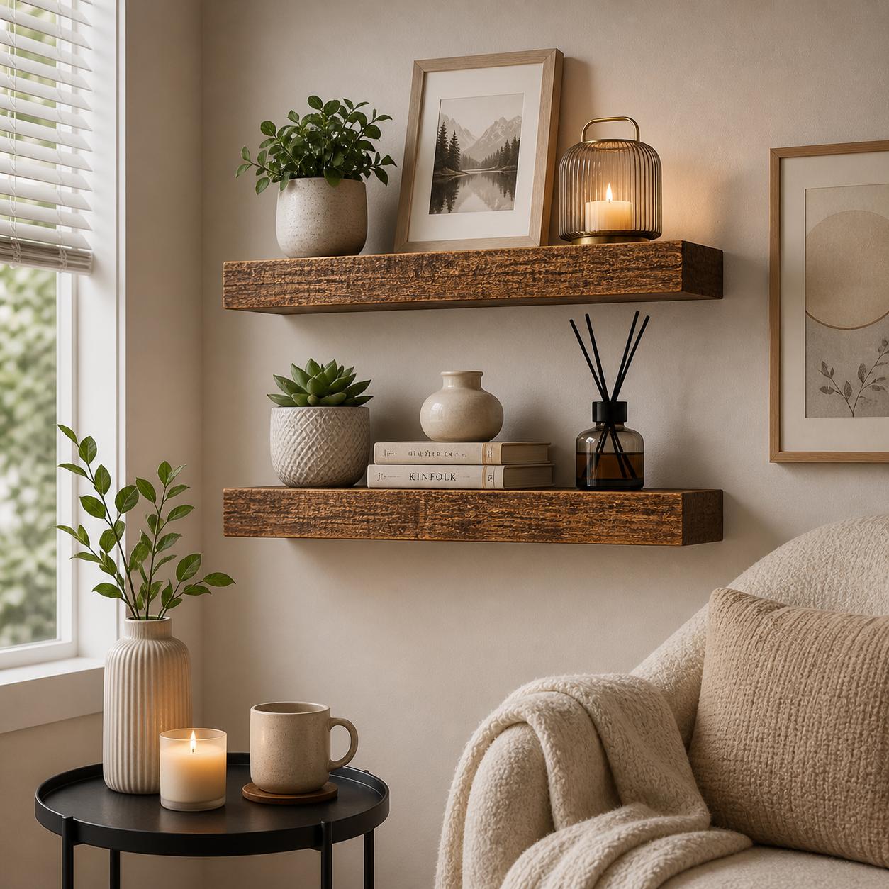 2個セット 素朴な木製フローティングシェルフ 壁掛け収納ラッ - Floating Shelves のレビューと価格