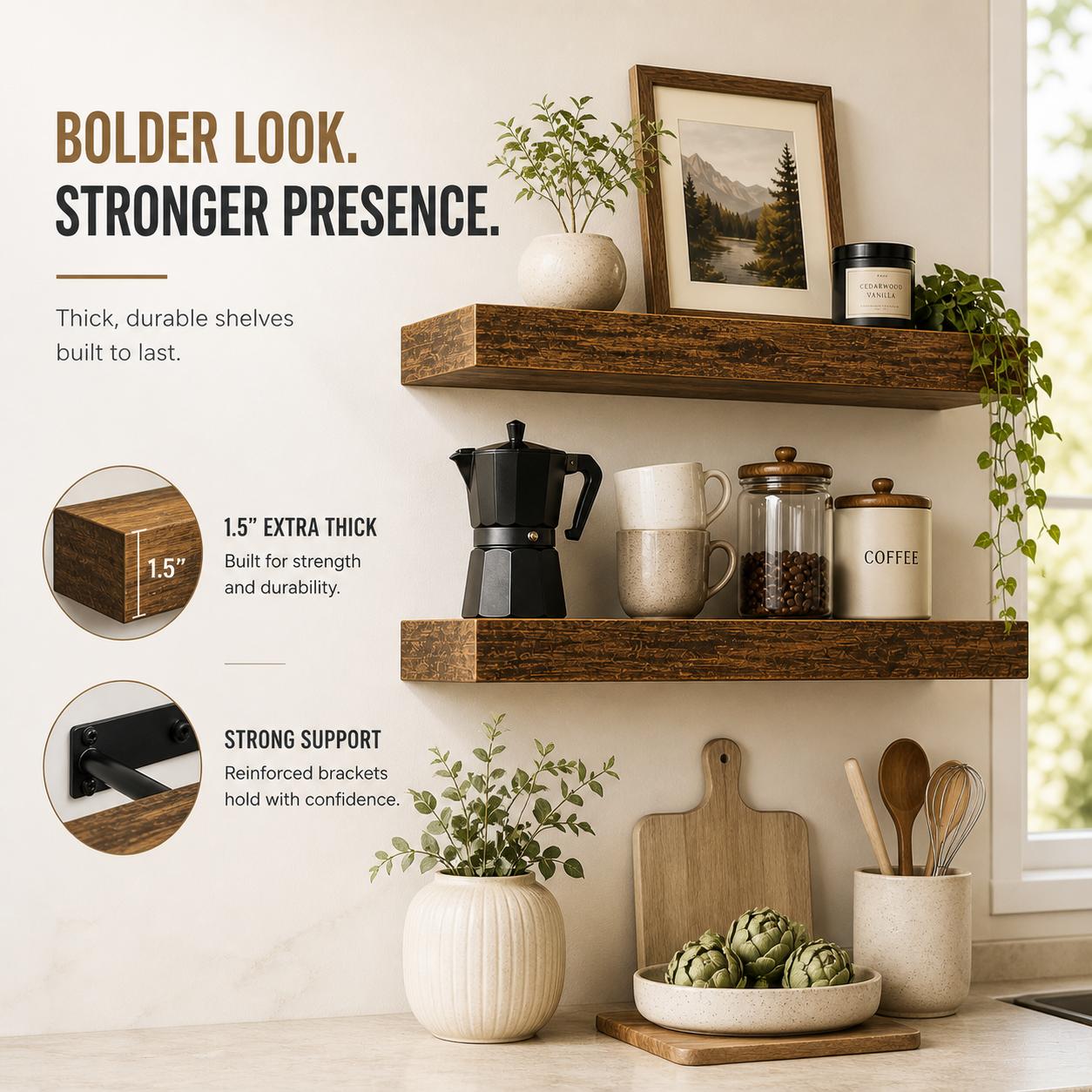2個セット 素朴な木製フローティングシェルフ 壁掛け収納ラッ - Floating Shelves のレビューと価格
