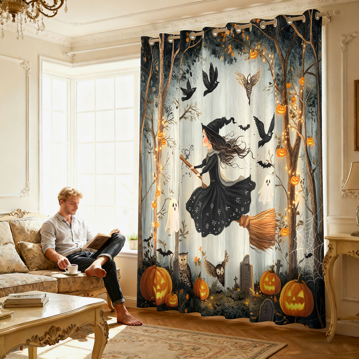 1PC ハロウィン魔女カボチャゴーストフォレストプリントシン - Home Decor Curtain のレビューと価格