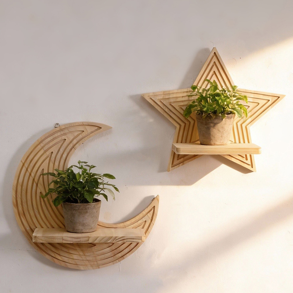 月と星の形をした木製フローティングウォールシェルフ、植物や装 - Floating Shelves のレビューと価格