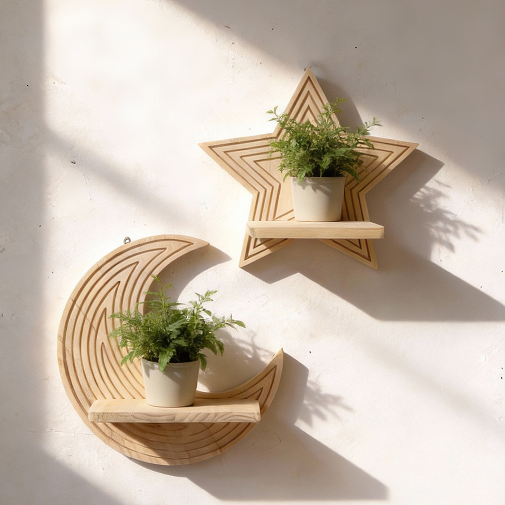 月と星の形をした木製フローティングウォールシェルフ、植物や装 - Floating Shelves のレビューと価格
