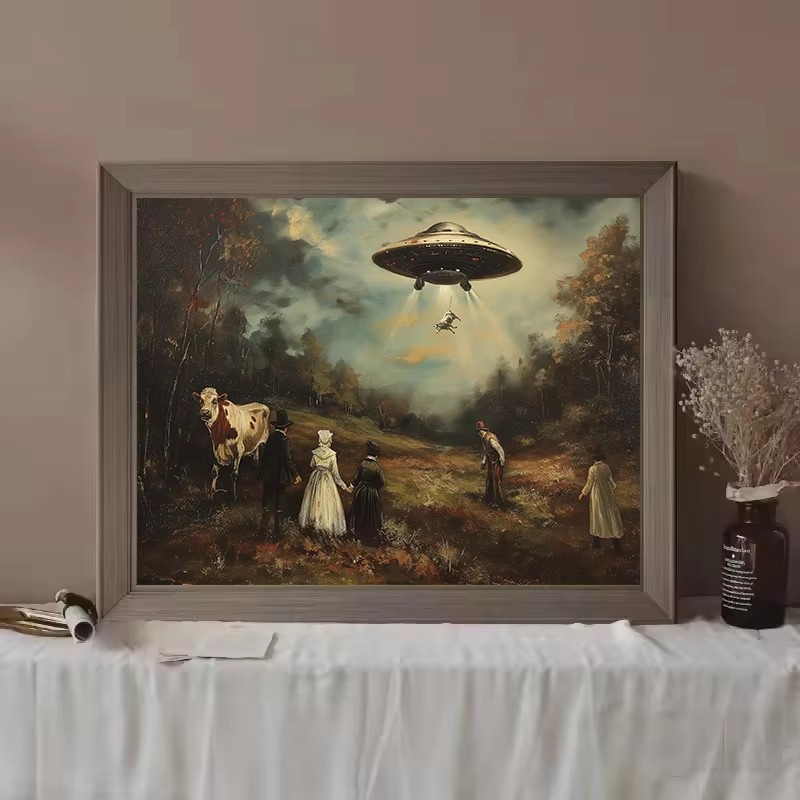 ヴィンテージシュールな面白いビクトリア朝のUFO風景牛エイリ - Victory Home Decor のレビューと価格